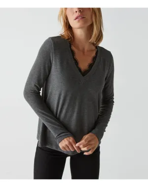 Bebe Lace Trim V-Neck Top | Charcoal MICHAEL STARS