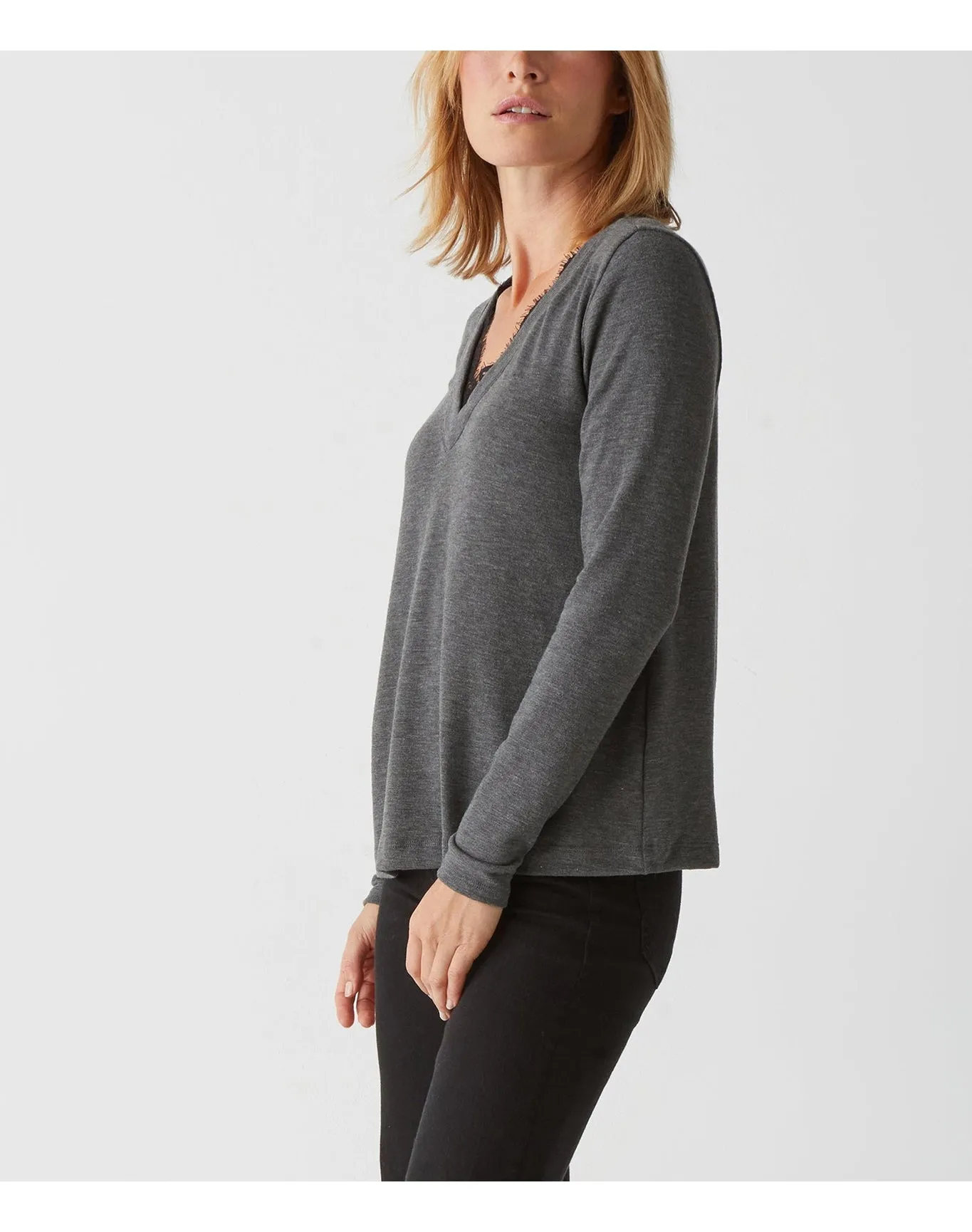 Bebe Lace Trim V-Neck Top | Charcoal MICHAEL STARS