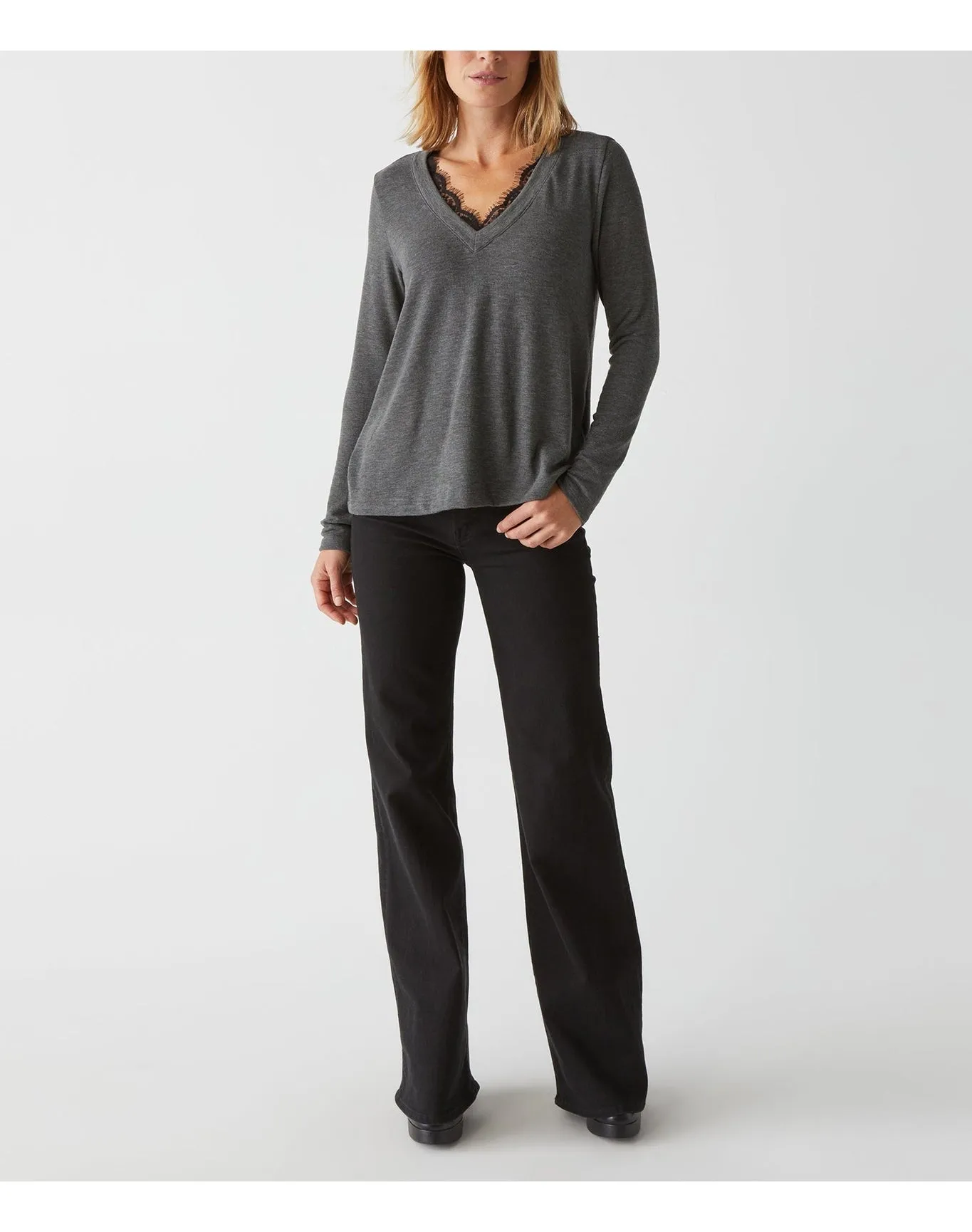 Bebe Lace Trim V-Neck Top | Charcoal MICHAEL STARS