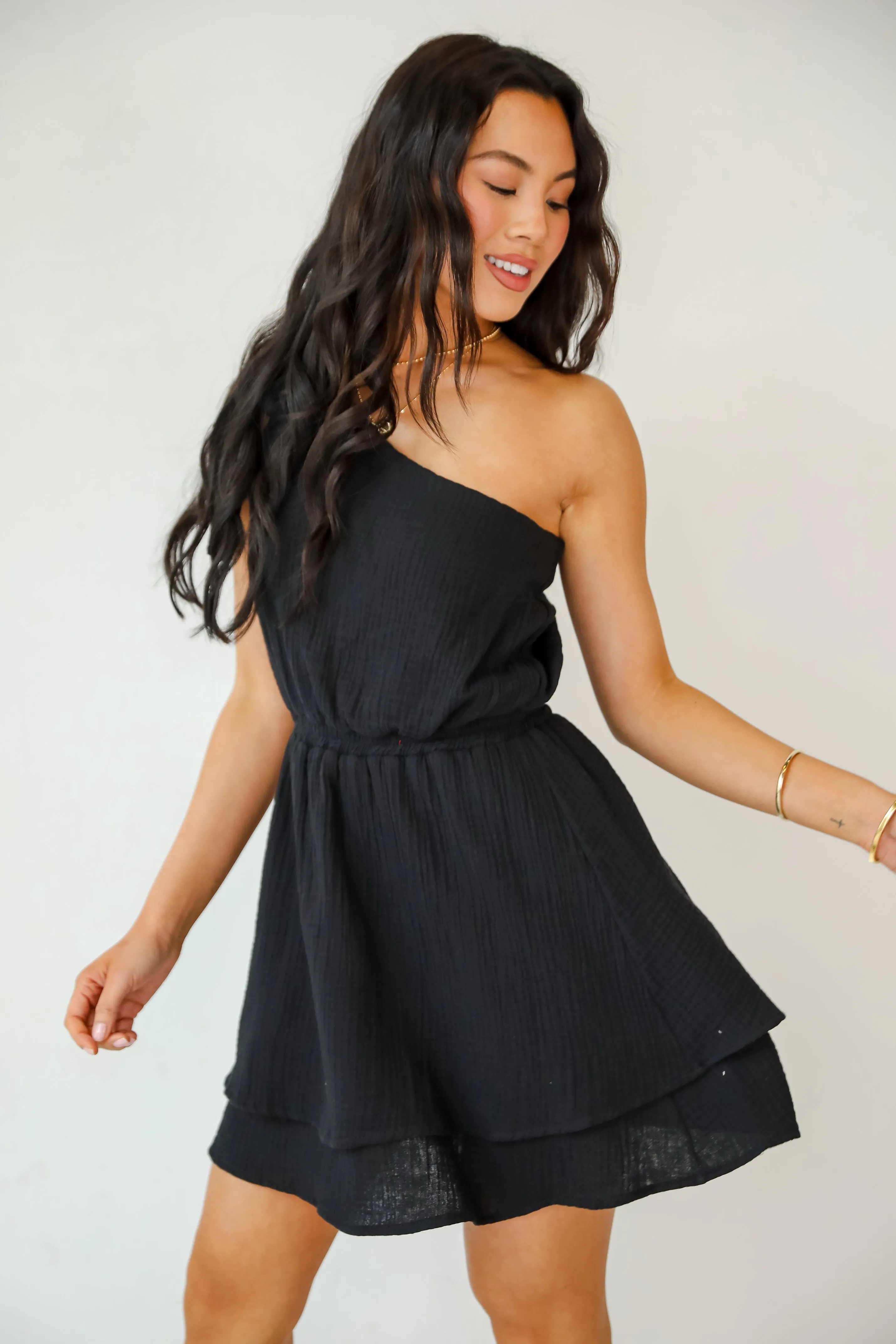 FINAL SALE - Charming Potential Black Linen One-Shoulder Mini Dress