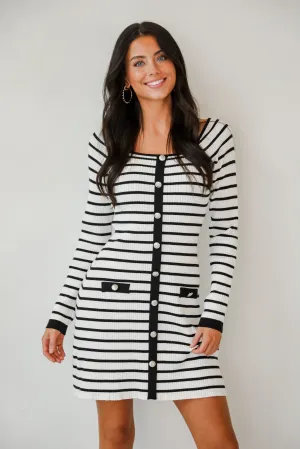 FINAL SALE - Enchanting Edge Ivory Striped Ribbed Knit Mini Dress