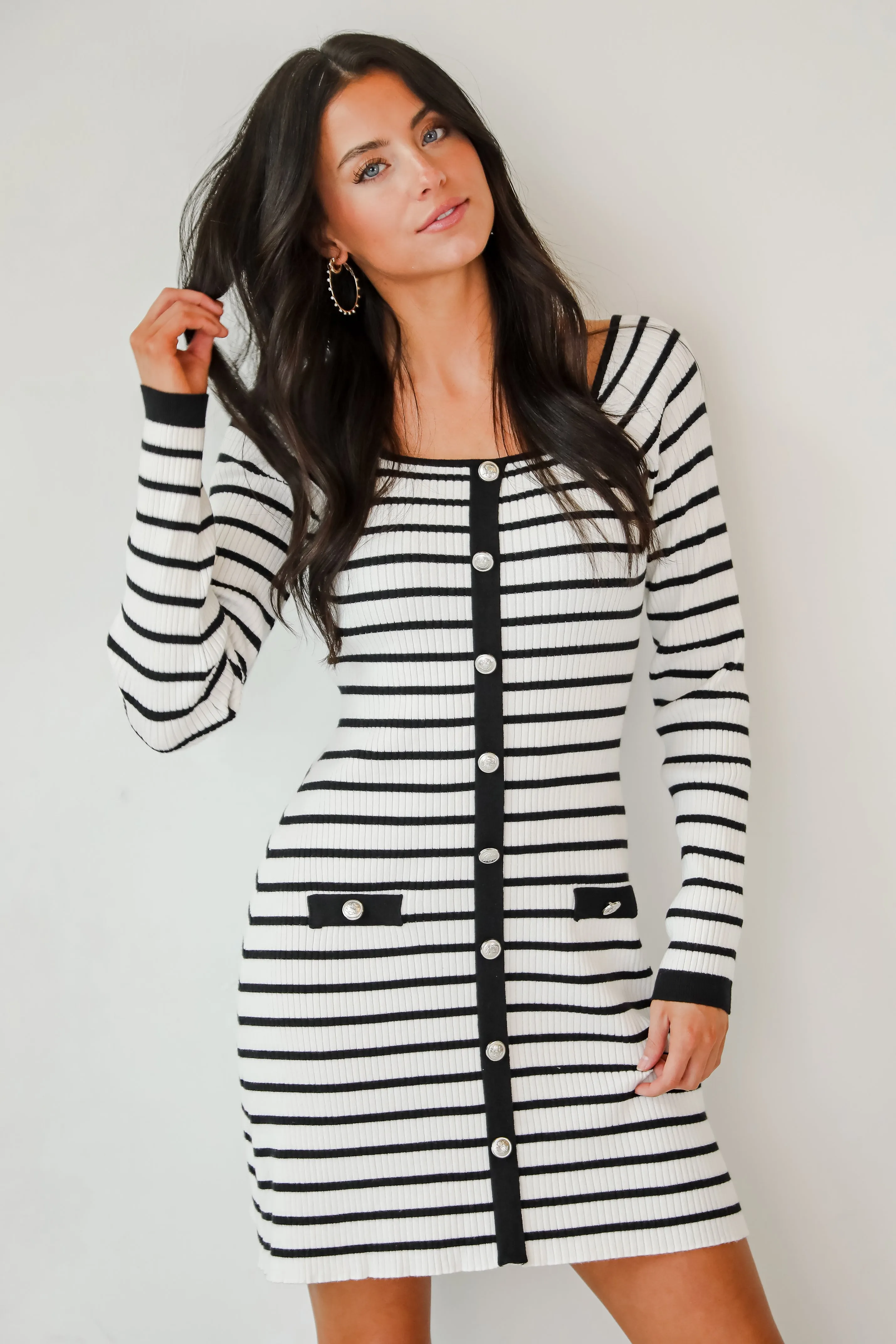 FINAL SALE - Enchanting Edge Ivory Striped Ribbed Knit Mini Dress