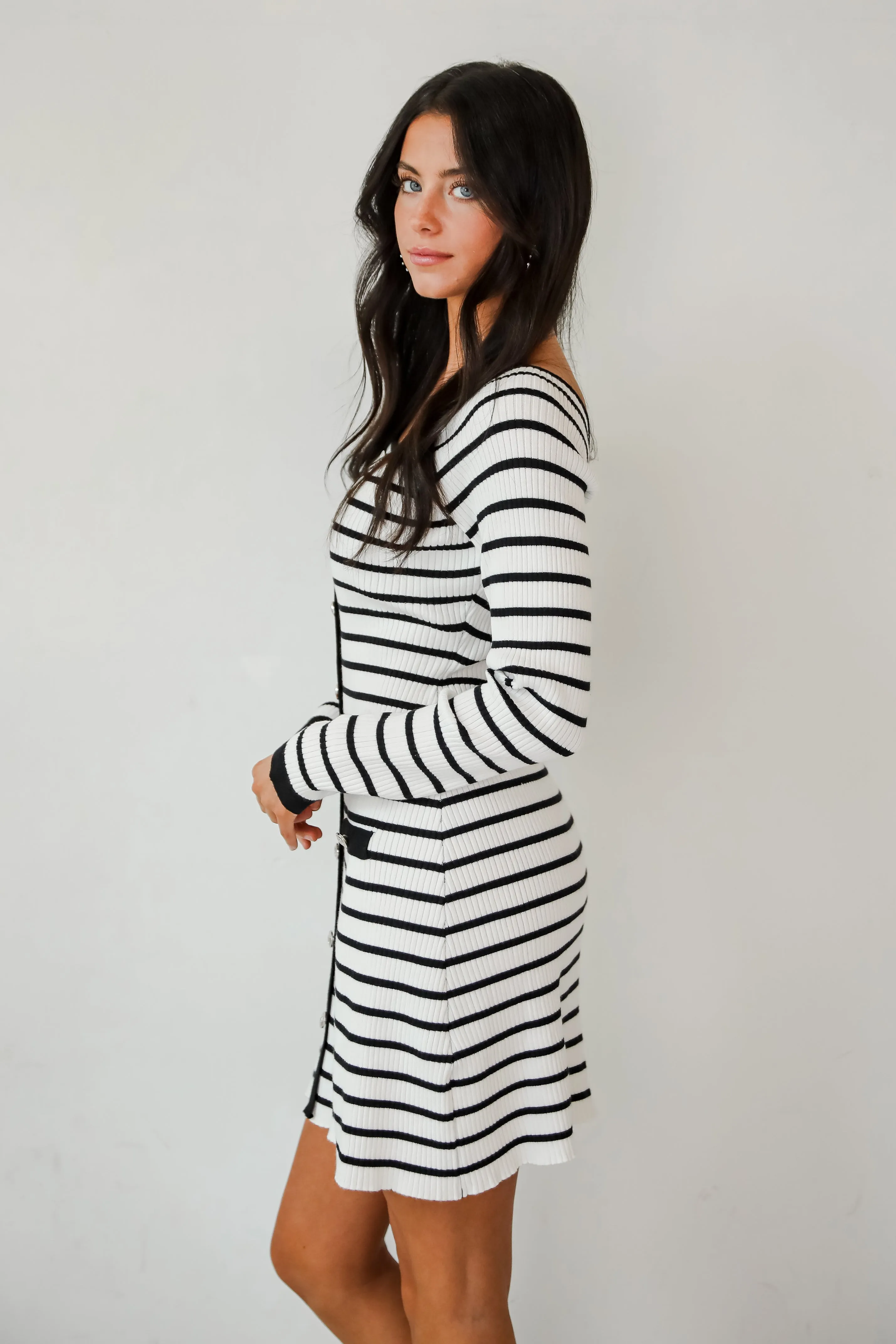 FINAL SALE - Enchanting Edge Ivory Striped Ribbed Knit Mini Dress