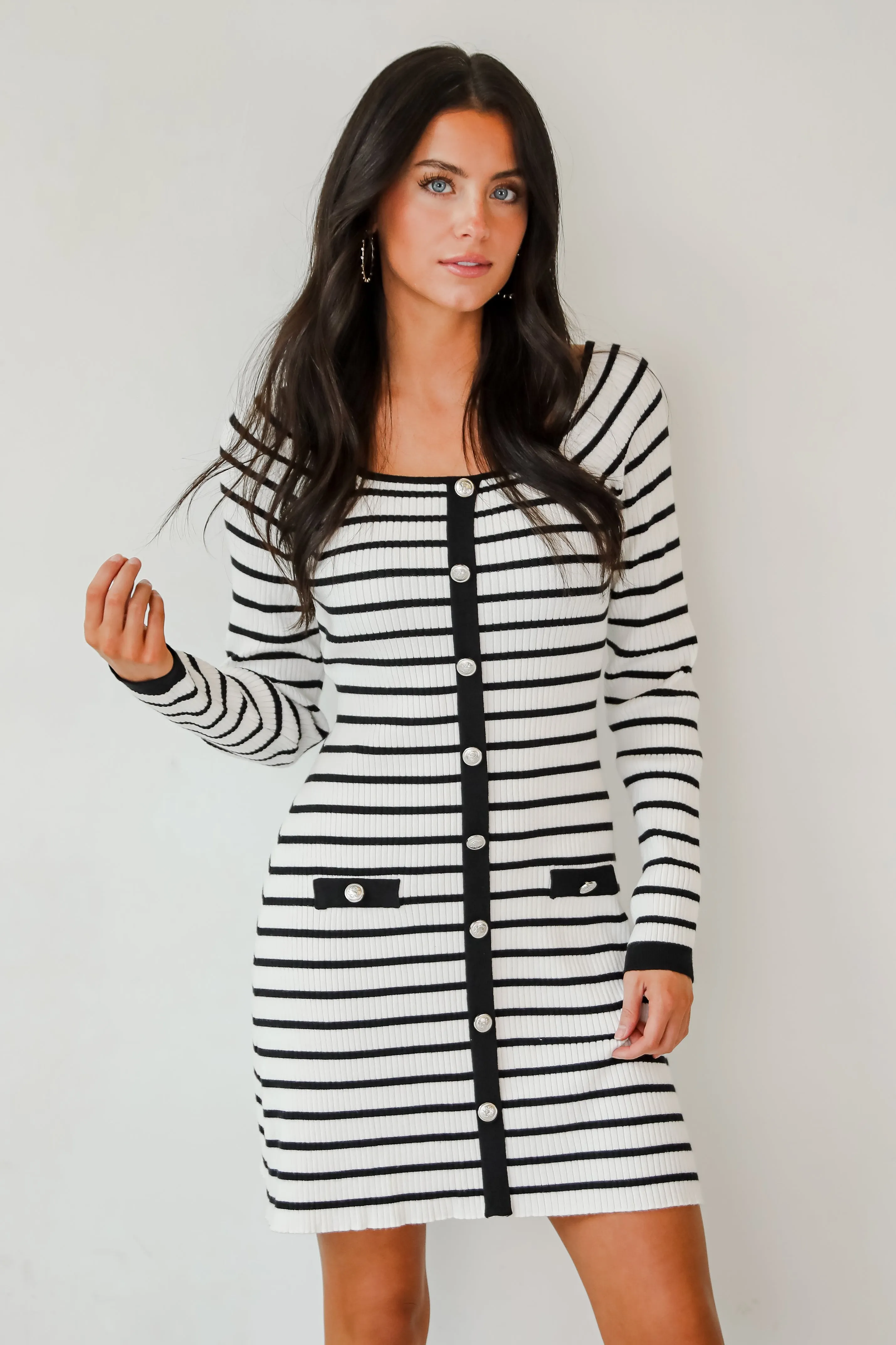FINAL SALE - Enchanting Edge Ivory Striped Ribbed Knit Mini Dress