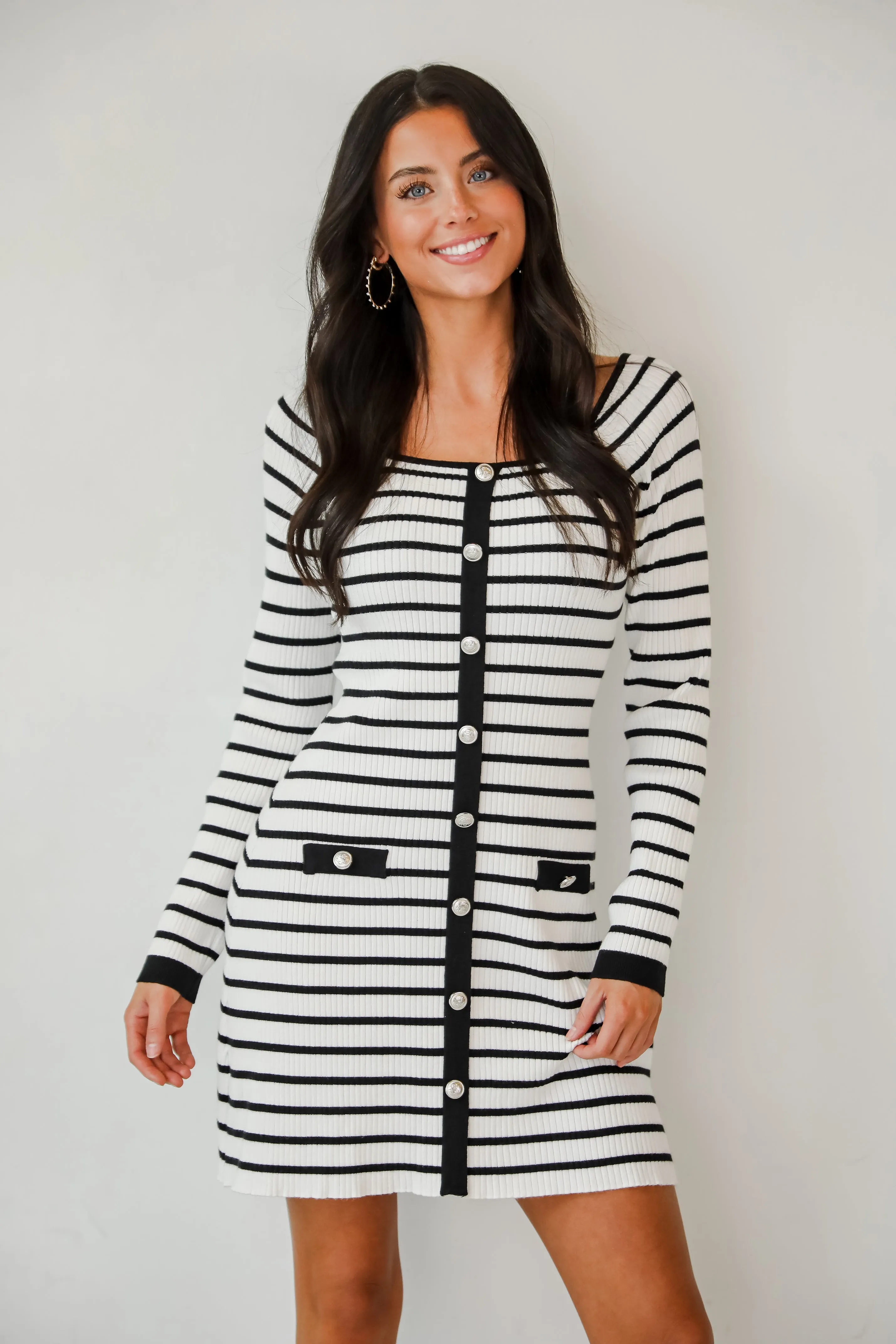 FINAL SALE - Enchanting Edge Ivory Striped Ribbed Knit Mini Dress