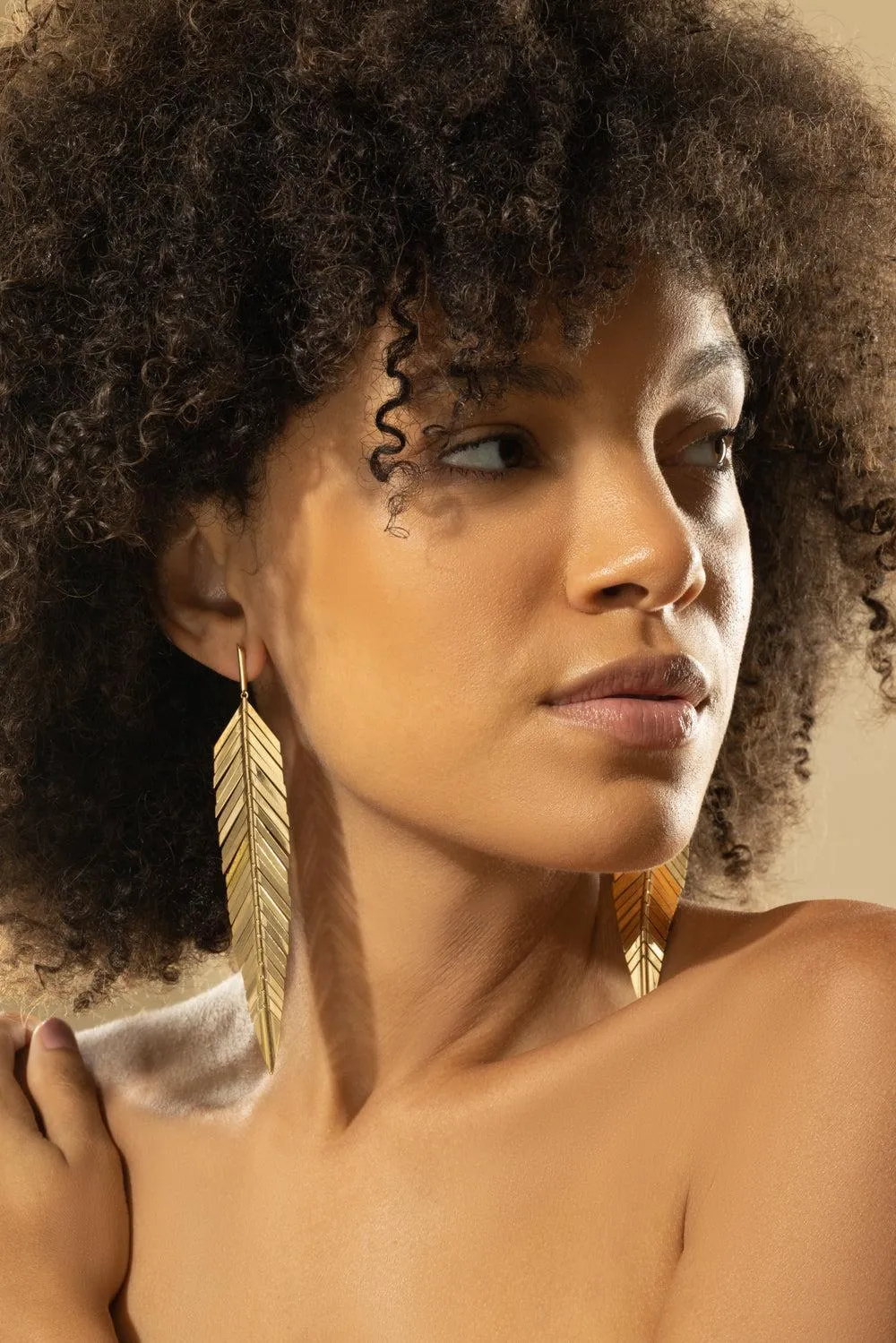 Large Yellow Gold Feather Drop Earrings