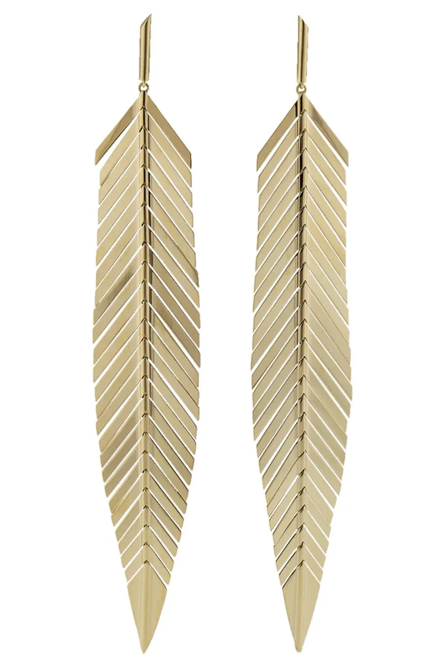 Large Yellow Gold Feather Drop Earrings