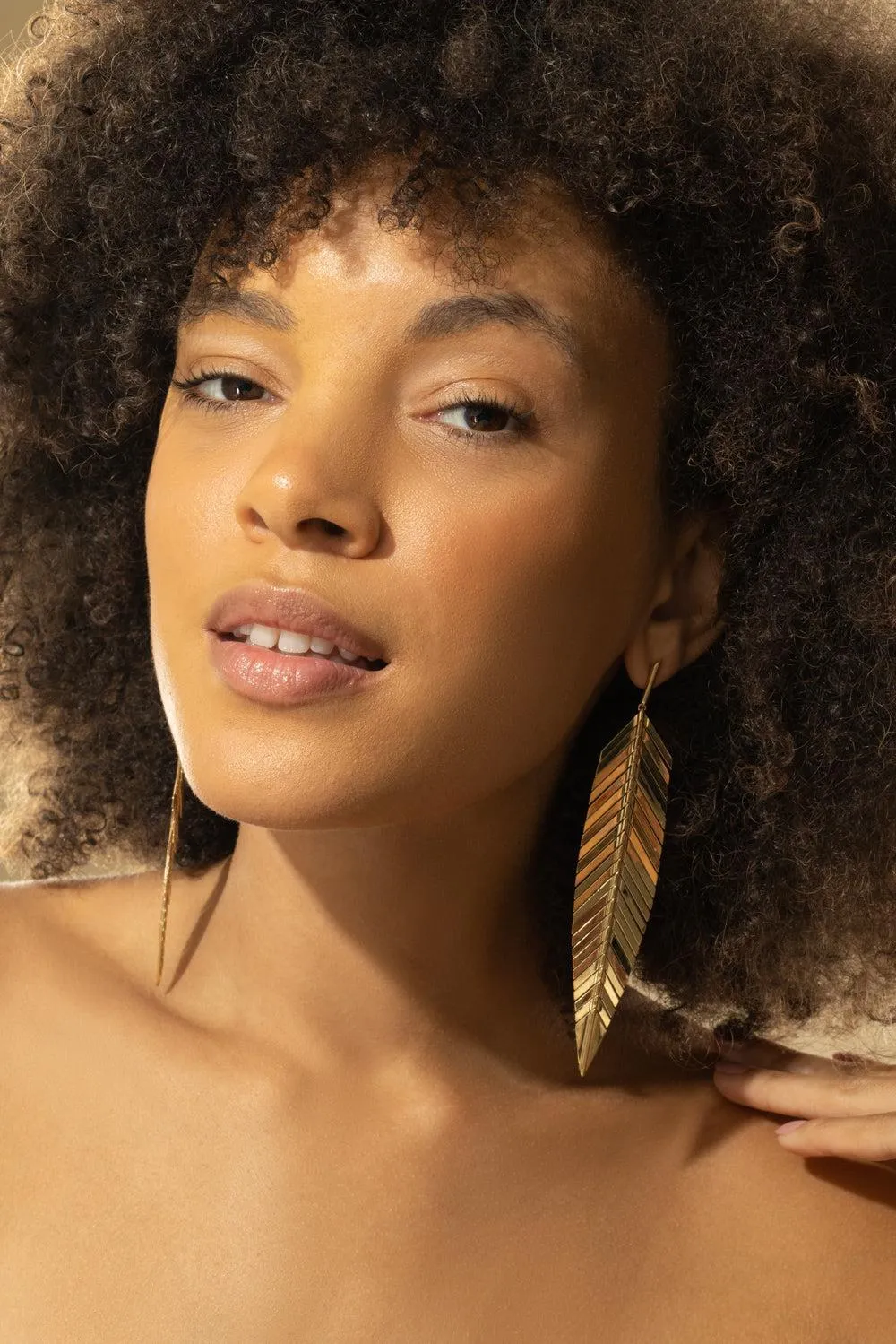 Large Yellow Gold Feather Drop Earrings