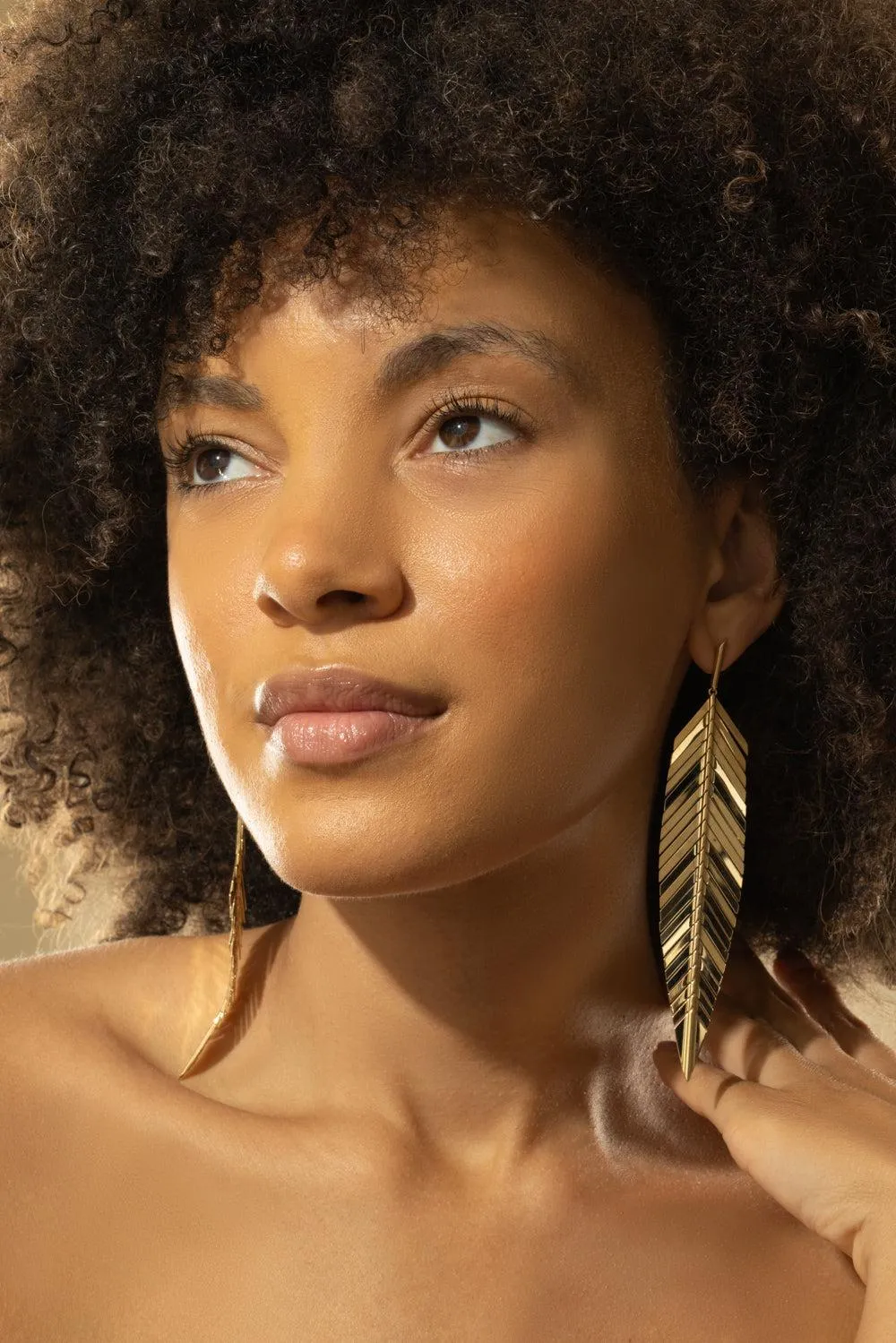 Large Yellow Gold Feather Drop Earrings