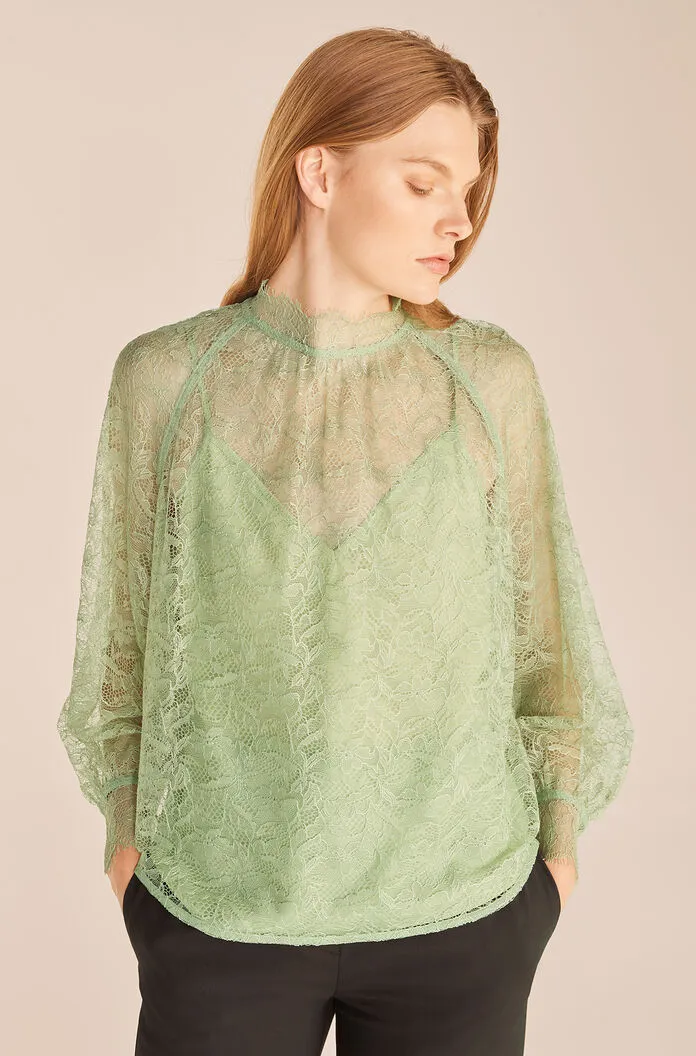 Long Sleeve Lace Mock Neck | Pistachio REBECCA TAYLOR