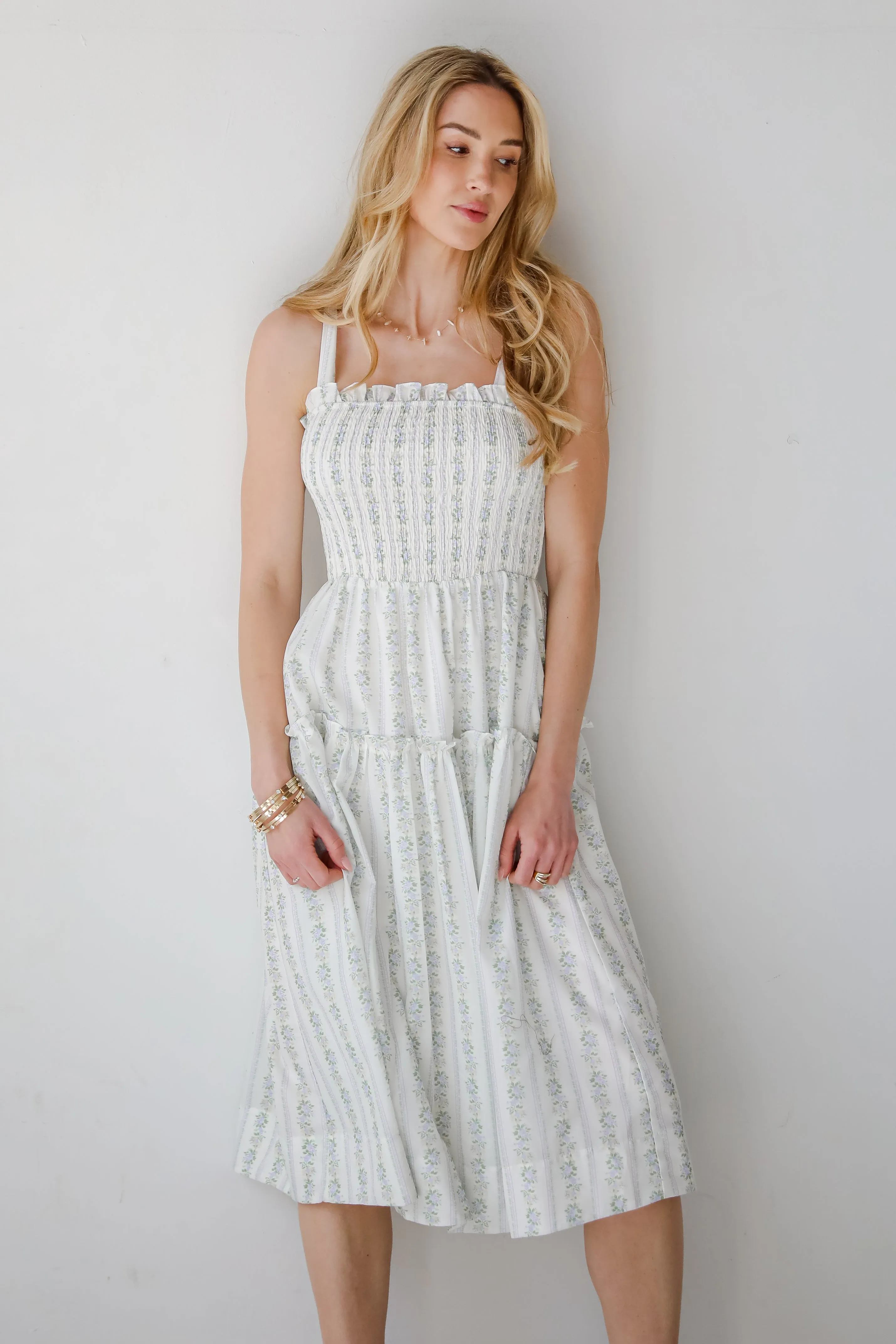 Precious Allure Ivory Smocked Floral Midi Dress