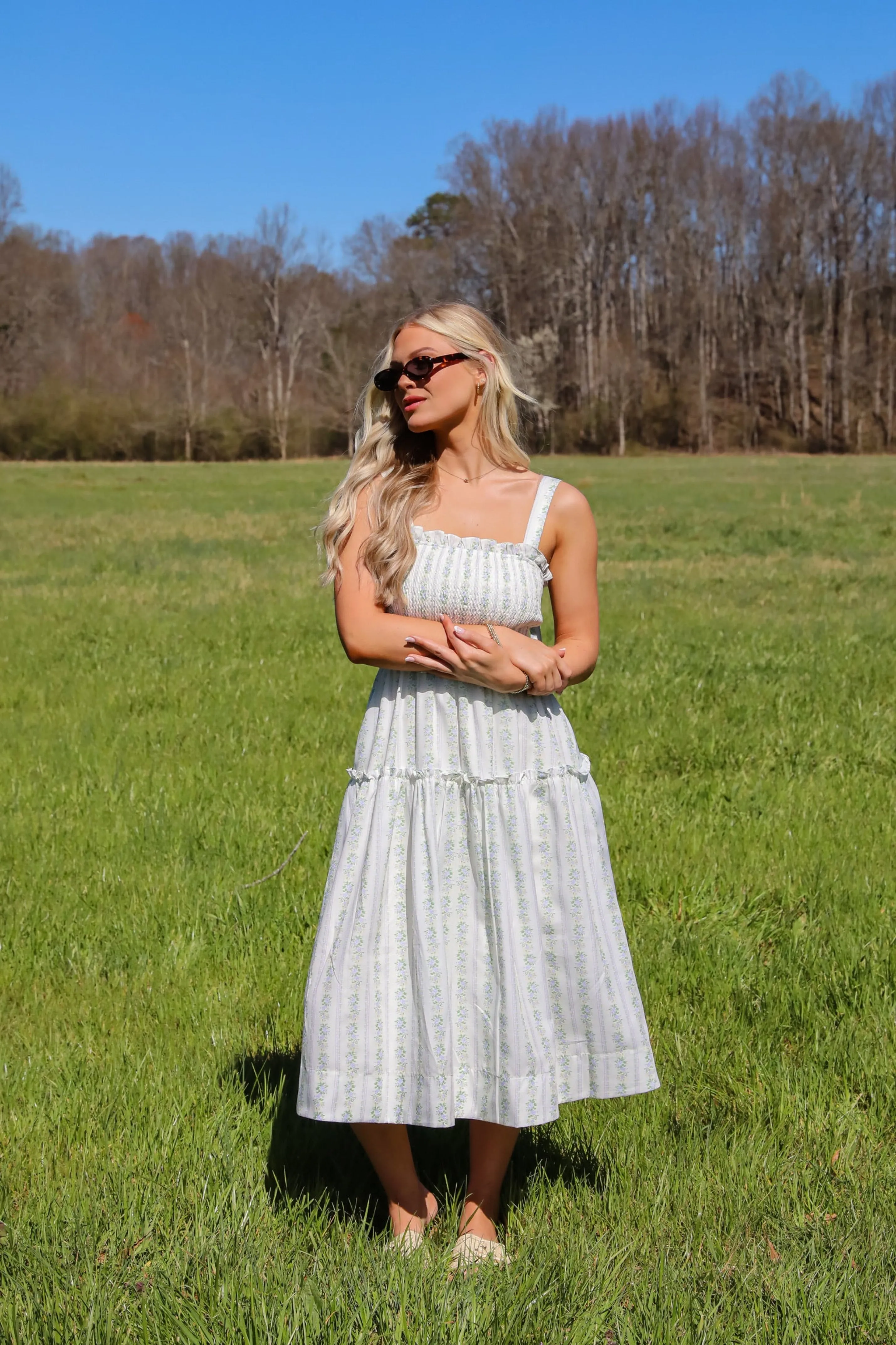 Precious Allure Ivory Smocked Floral Midi Dress