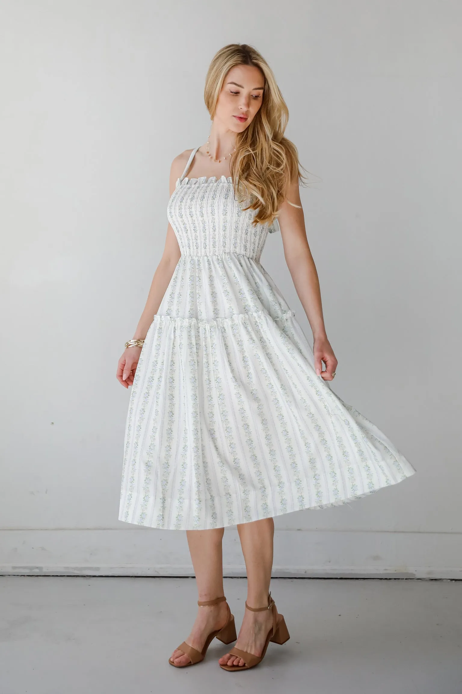 Precious Allure Ivory Smocked Floral Midi Dress