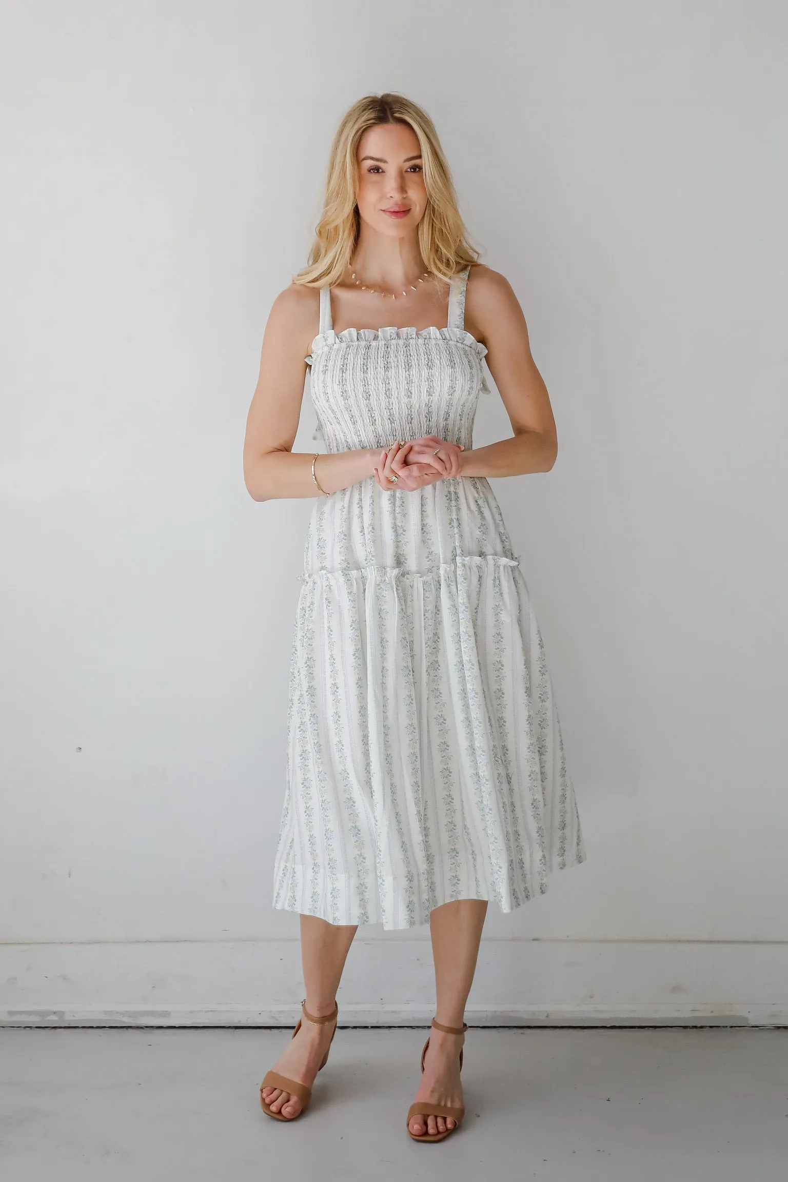 Precious Allure Ivory Smocked Floral Midi Dress