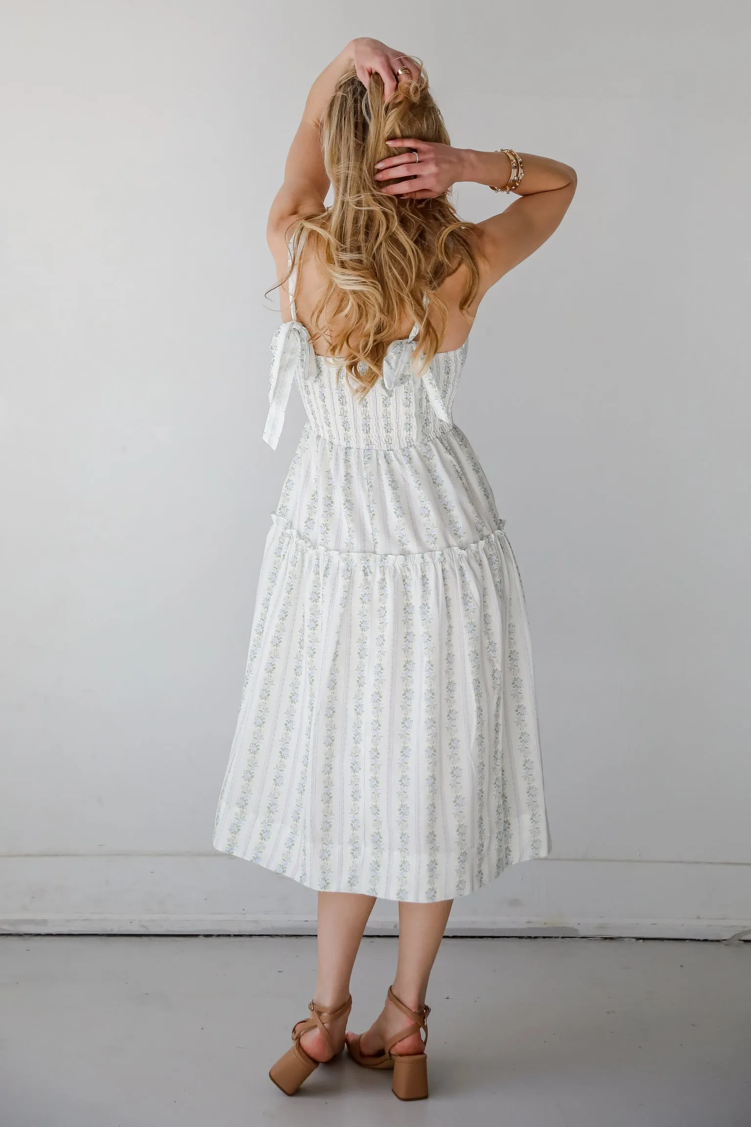 Precious Allure Ivory Smocked Floral Midi Dress