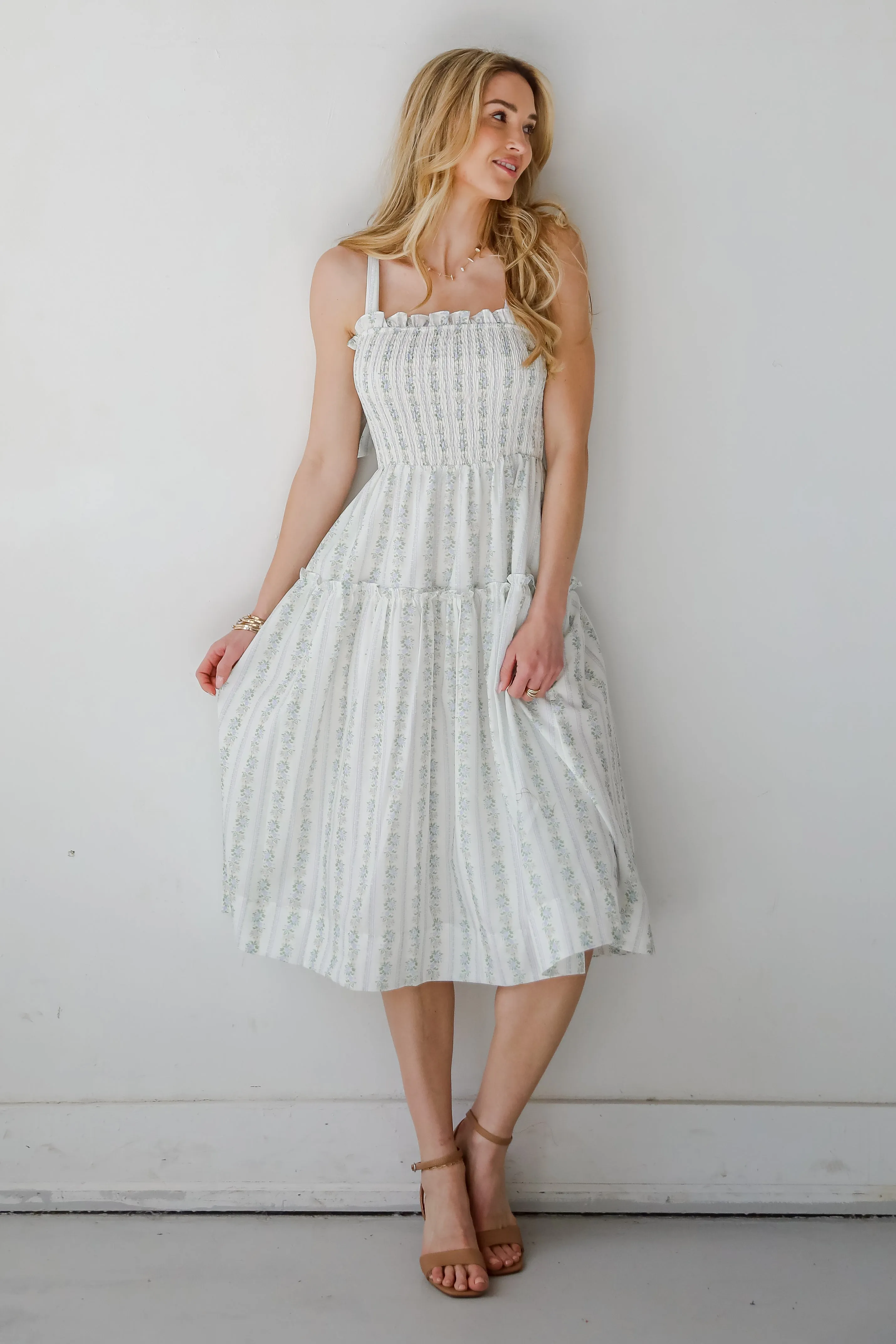 Precious Allure Ivory Smocked Floral Midi Dress