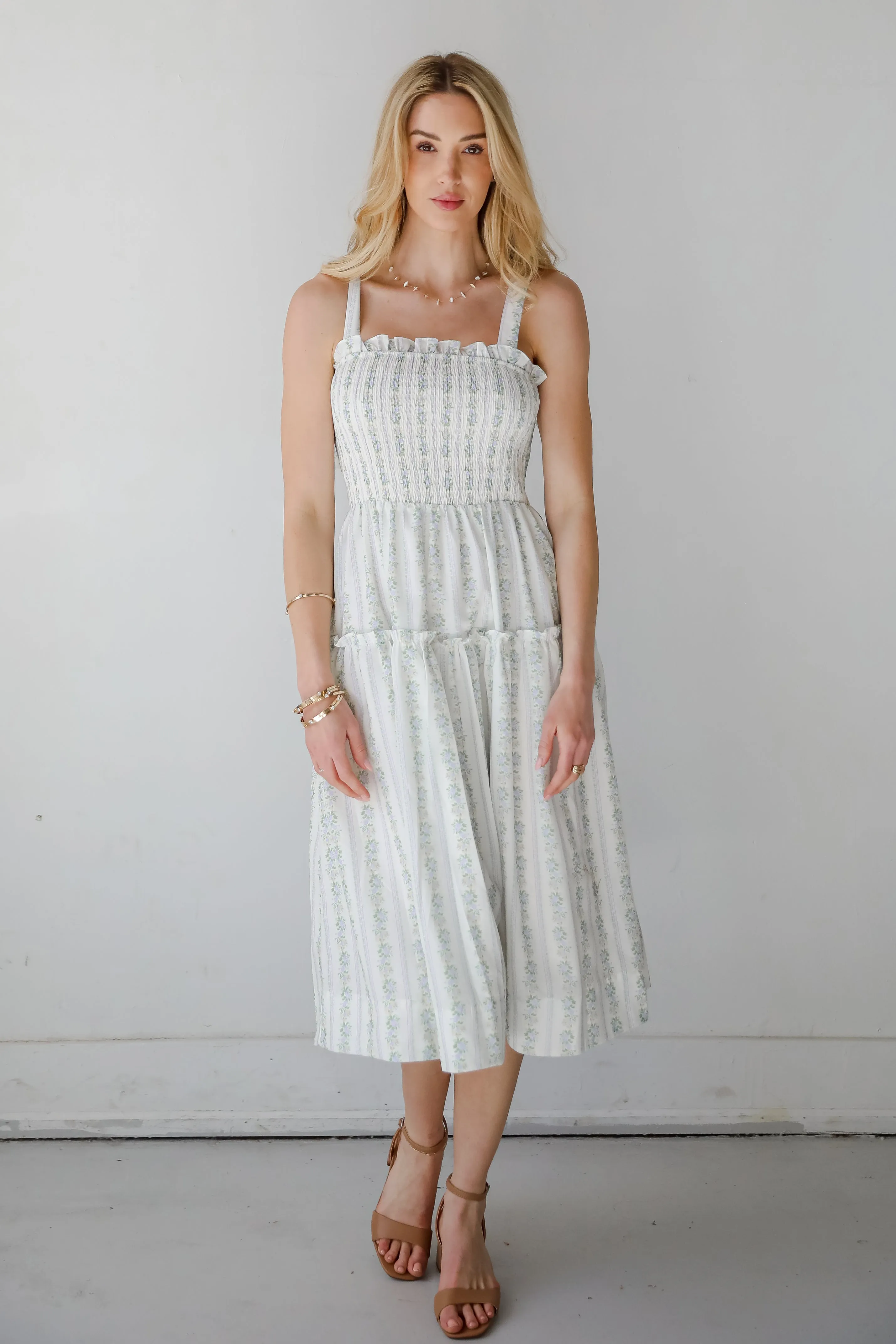 Precious Allure Ivory Smocked Floral Midi Dress