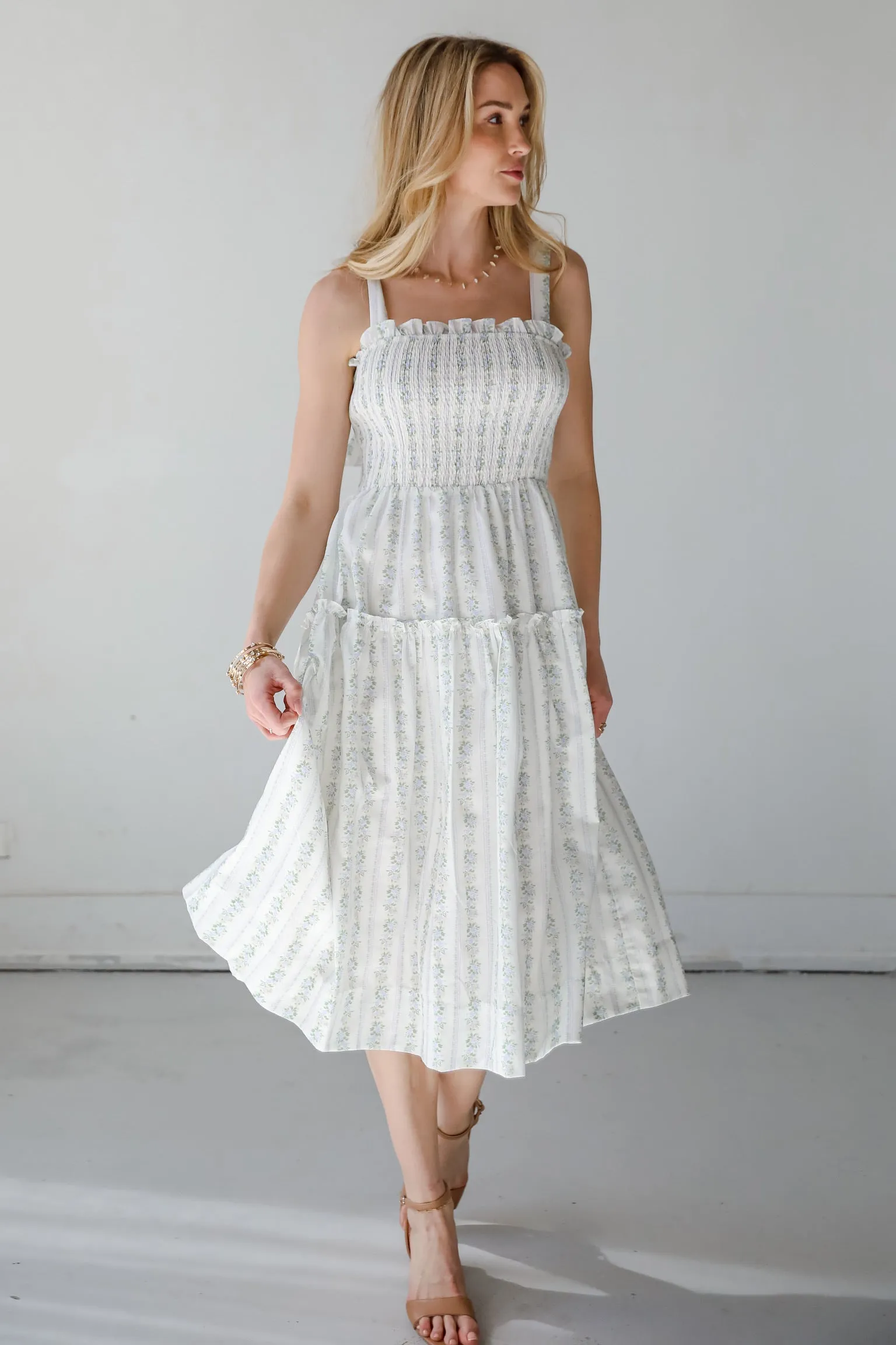 Precious Allure Ivory Smocked Floral Midi Dress