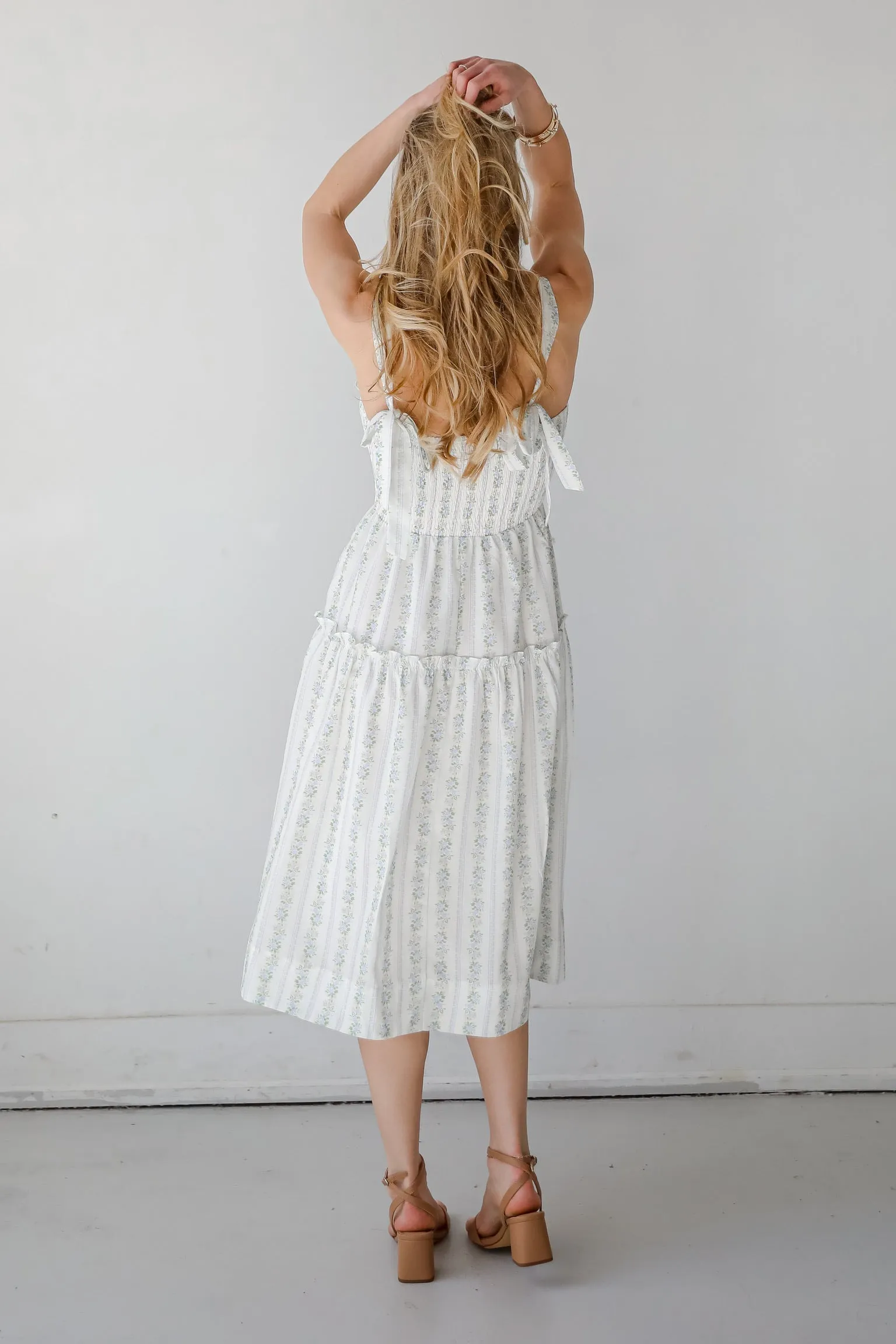 Precious Allure Ivory Smocked Floral Midi Dress