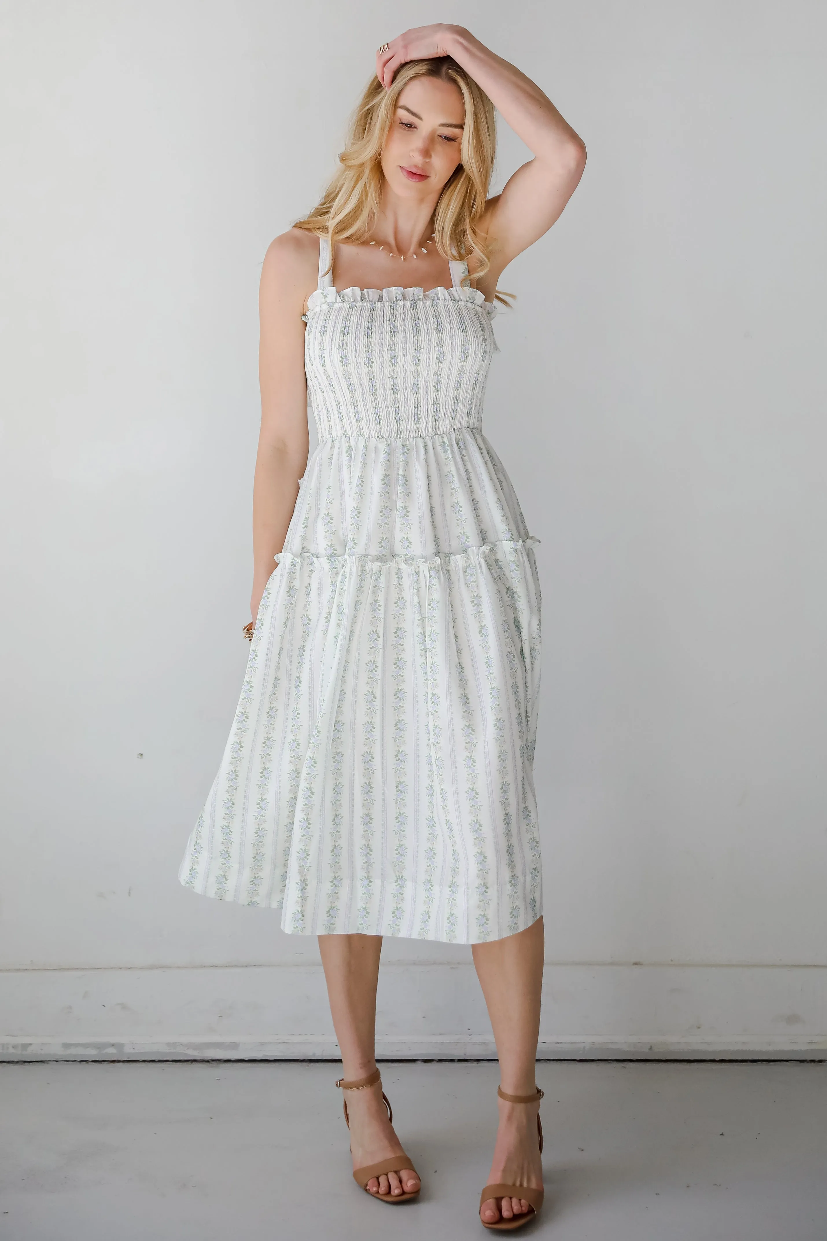 Precious Allure Ivory Smocked Floral Midi Dress