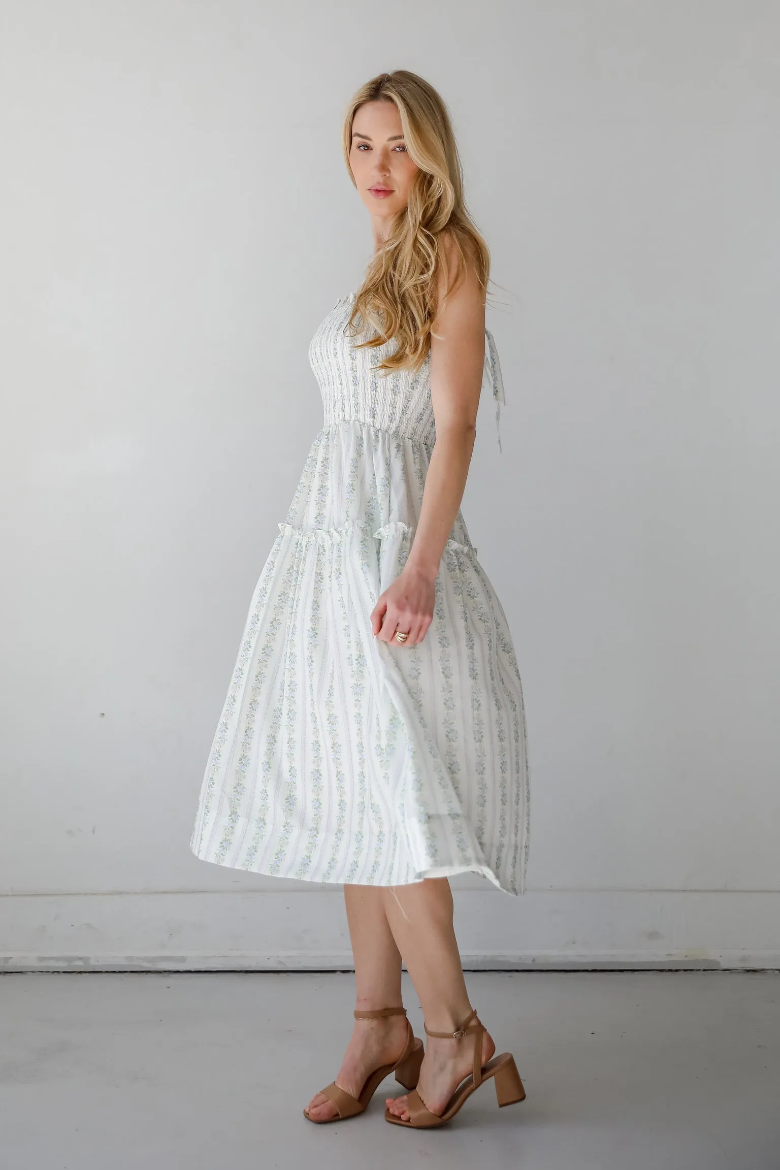 Precious Allure Ivory Smocked Floral Midi Dress