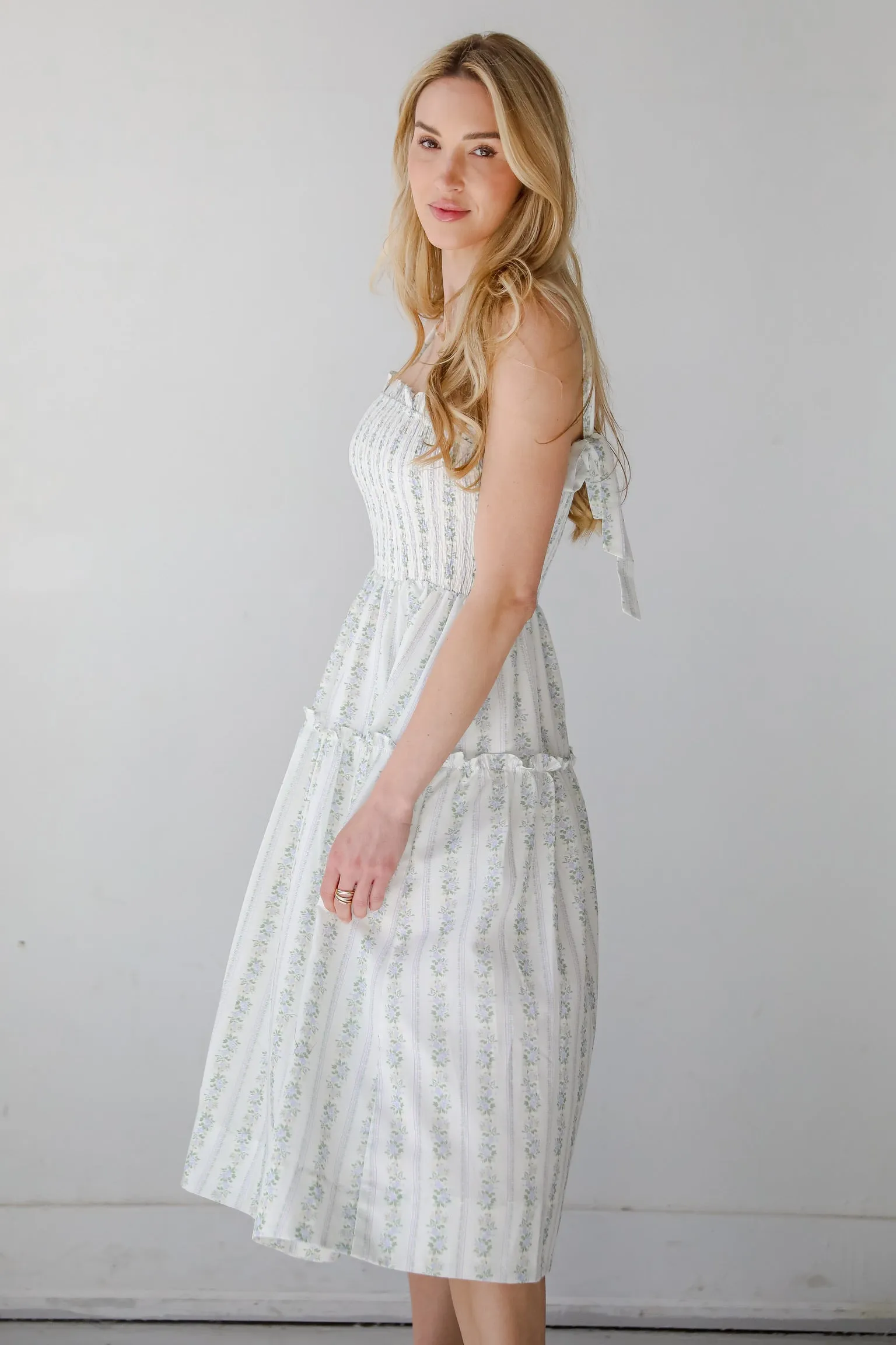 Precious Allure Ivory Smocked Floral Midi Dress