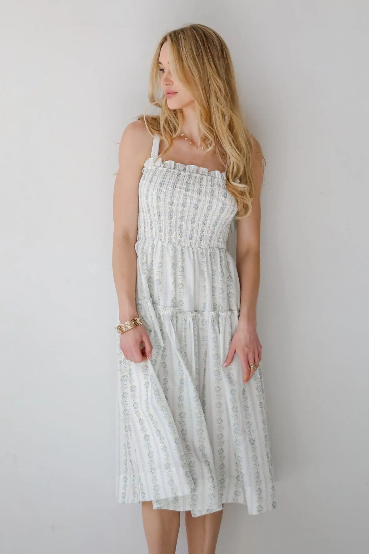 Precious Allure Ivory Smocked Floral Midi Dress