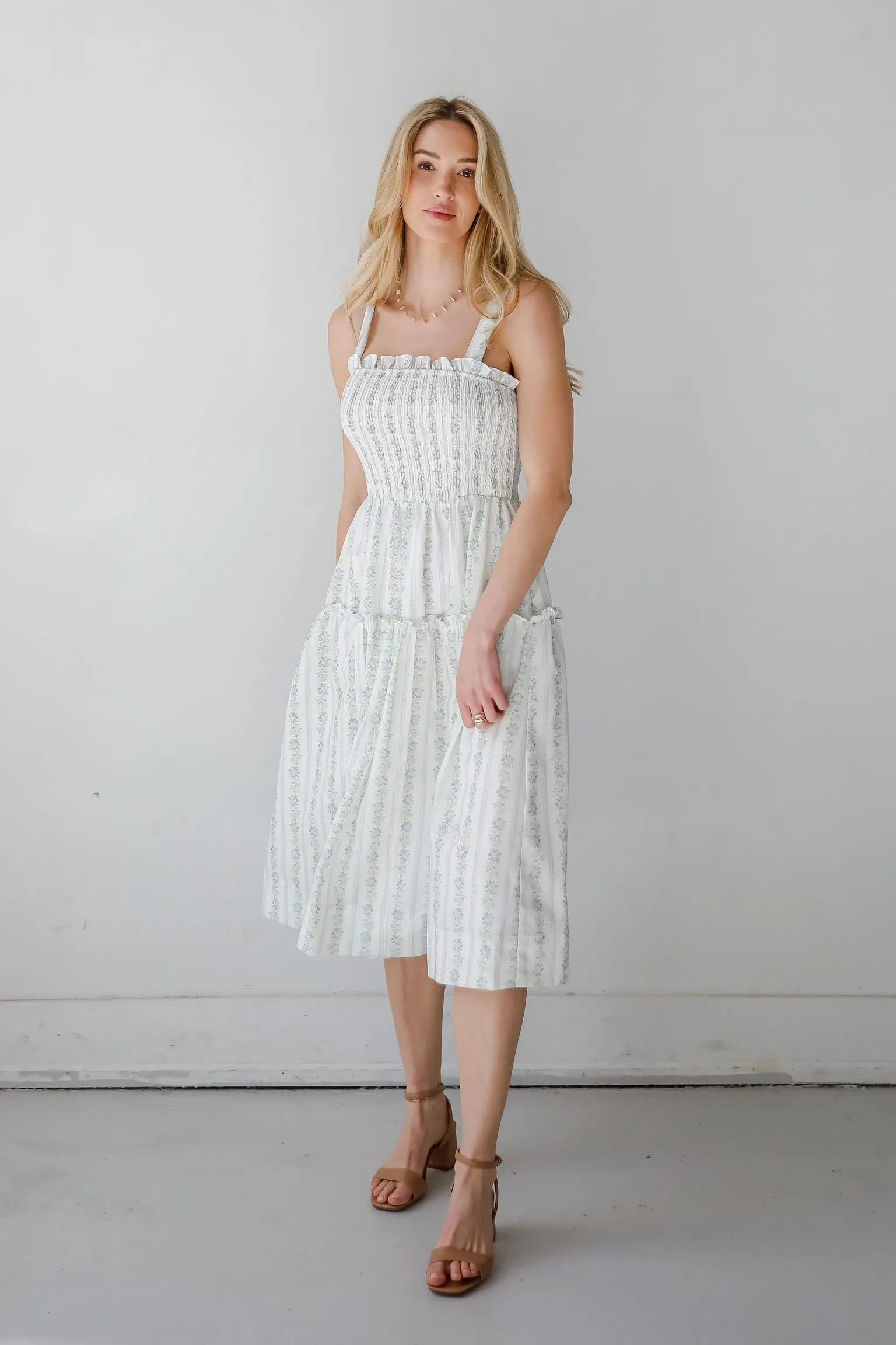 Precious Allure Ivory Smocked Floral Midi Dress