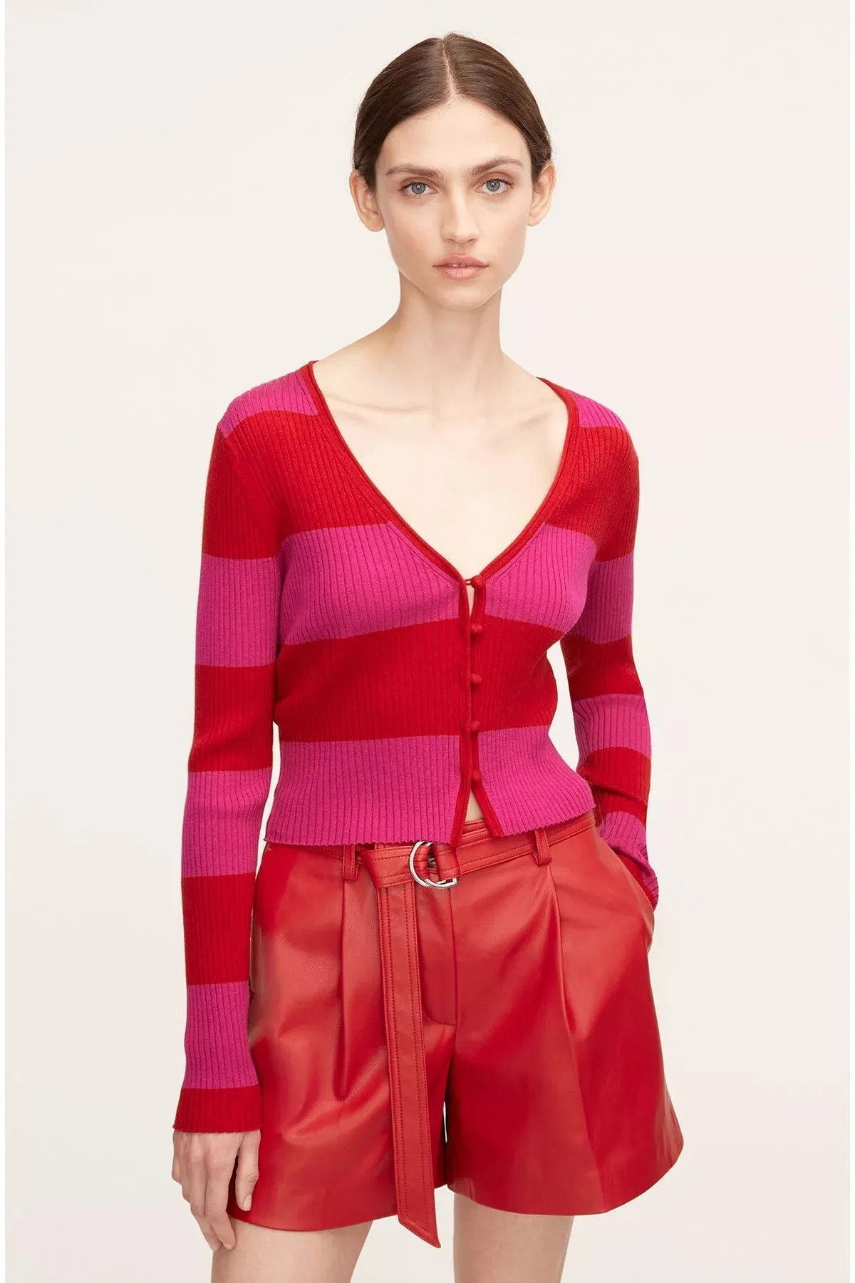 Rib Merino Striped Cropped Cardigan | Crimson Stripe REBECCA TAYLOR