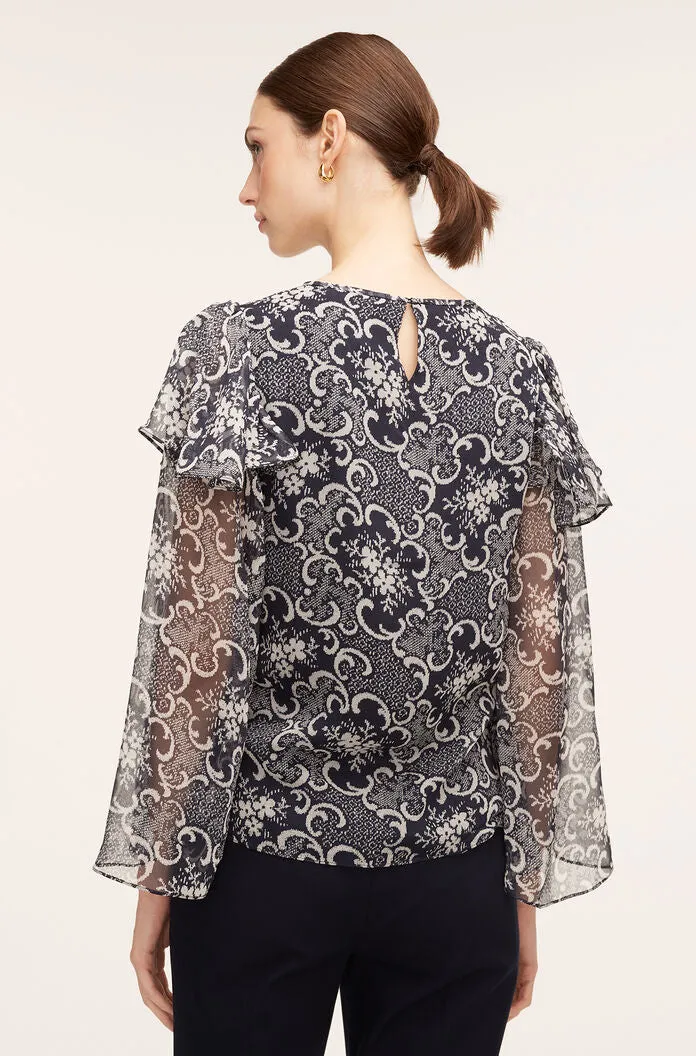 Rochelle Fleur Ruffle Silk Blouse | Rochelle Fleur Navy Combo REBECCA TAYLOR