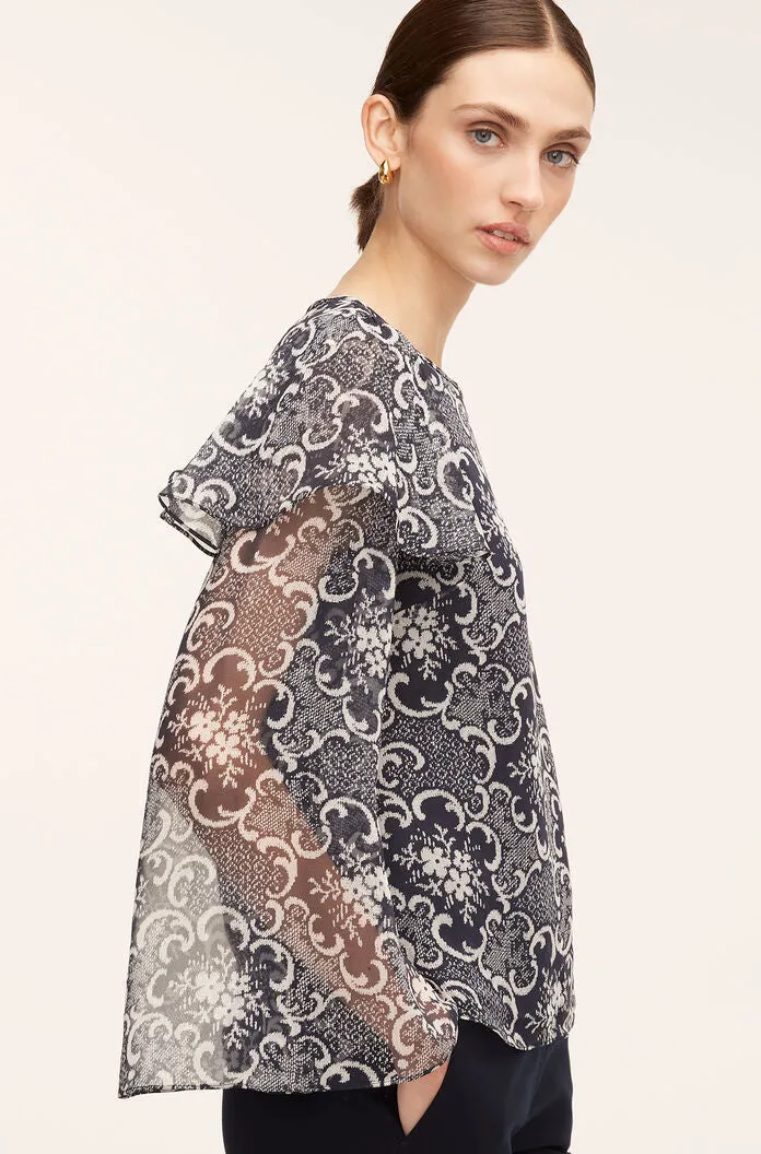 Rochelle Fleur Ruffle Silk Blouse | Rochelle Fleur Navy Combo REBECCA TAYLOR