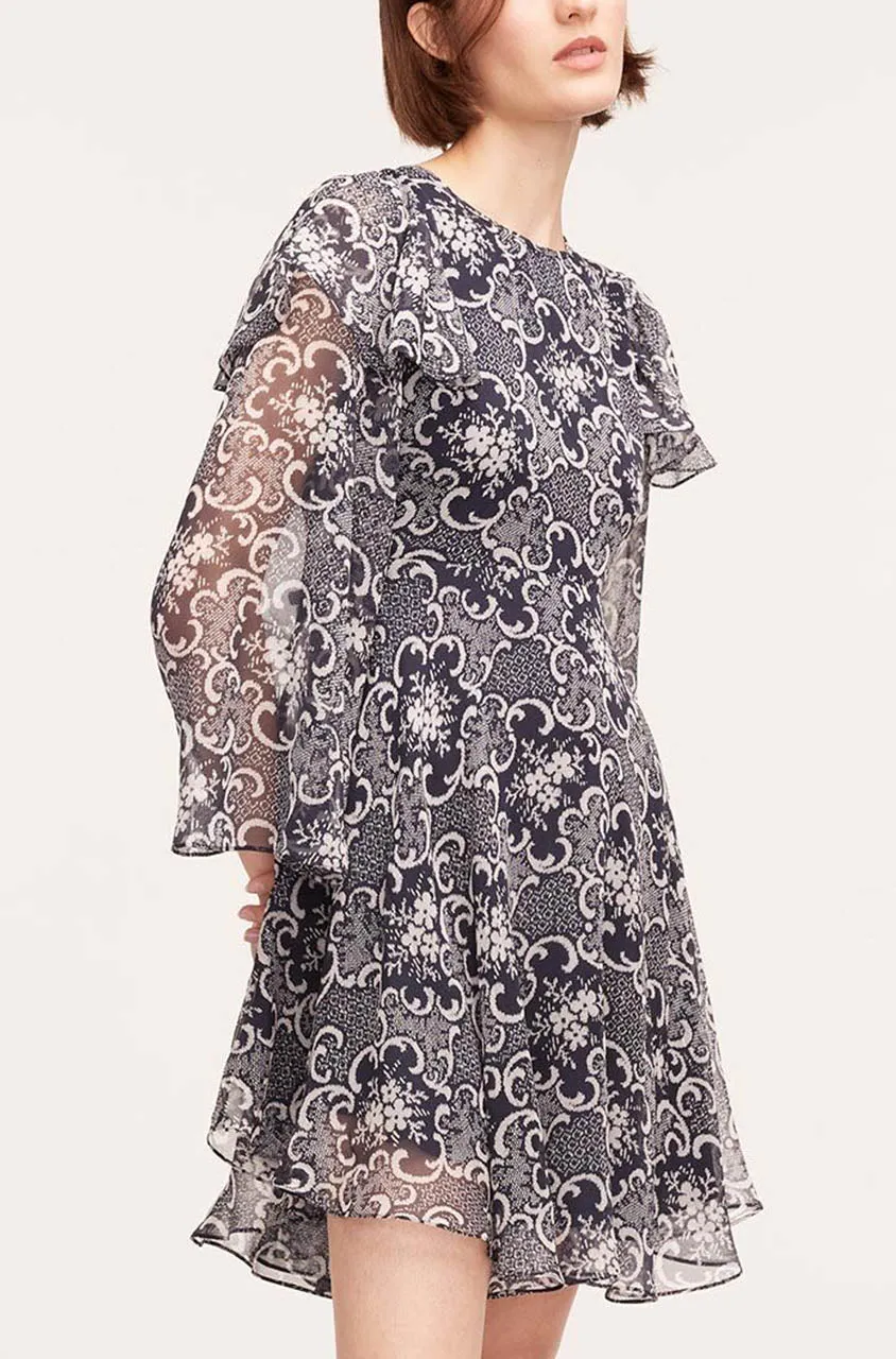 Rochelle Fleur Ruffle Silk Dress | Rochelle Fleur Navy Combo REBECCA TAYLOR