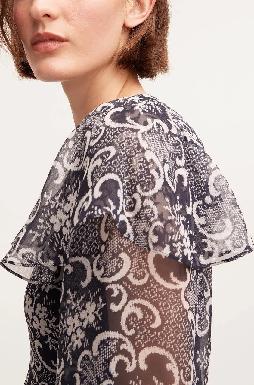 Rochelle Fleur Ruffle Silk Dress | Rochelle Fleur Navy Combo REBECCA TAYLOR