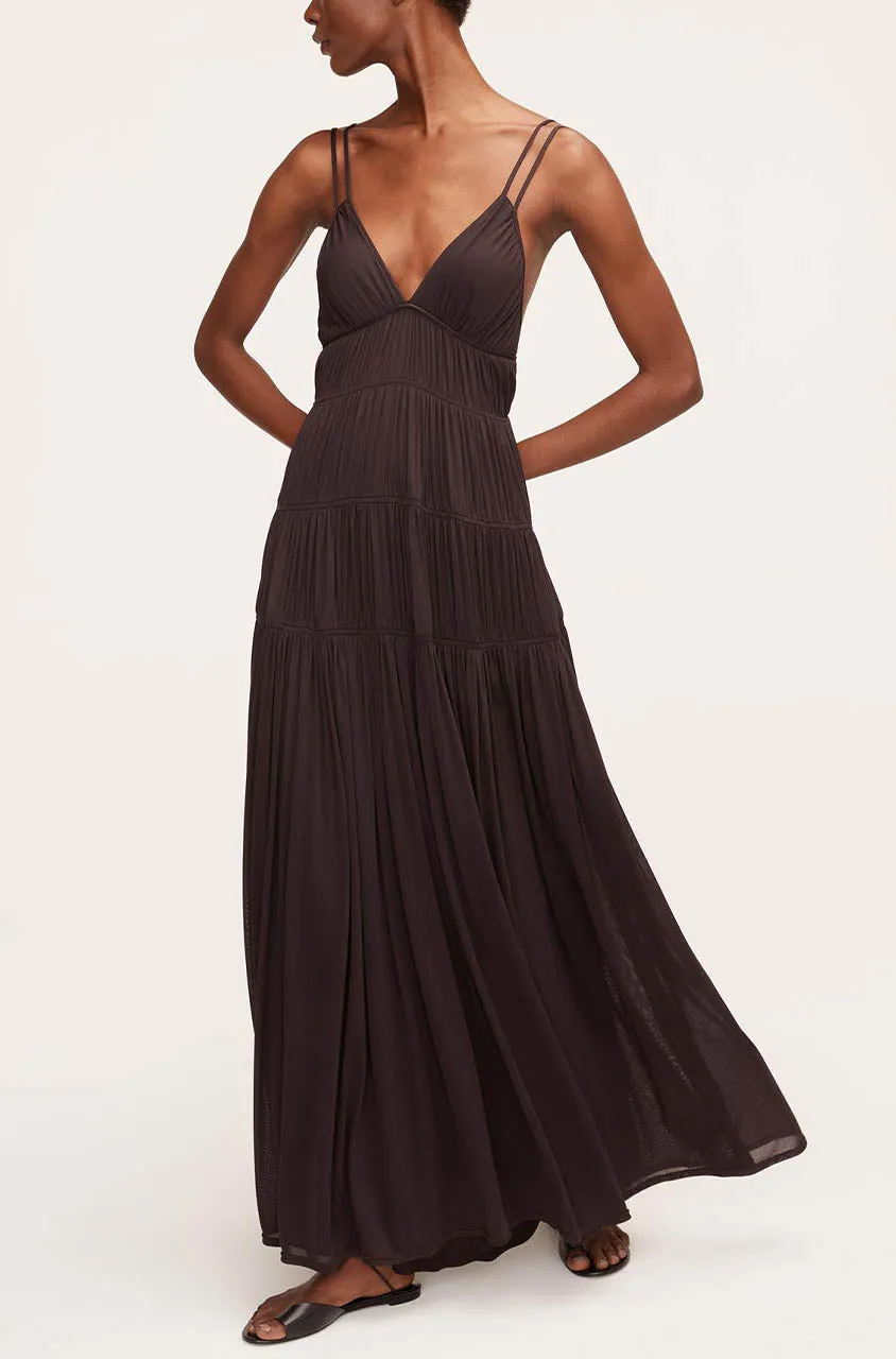 Ruched Mesh Maxi Dress | Walnut REBECCA TAYLOR
