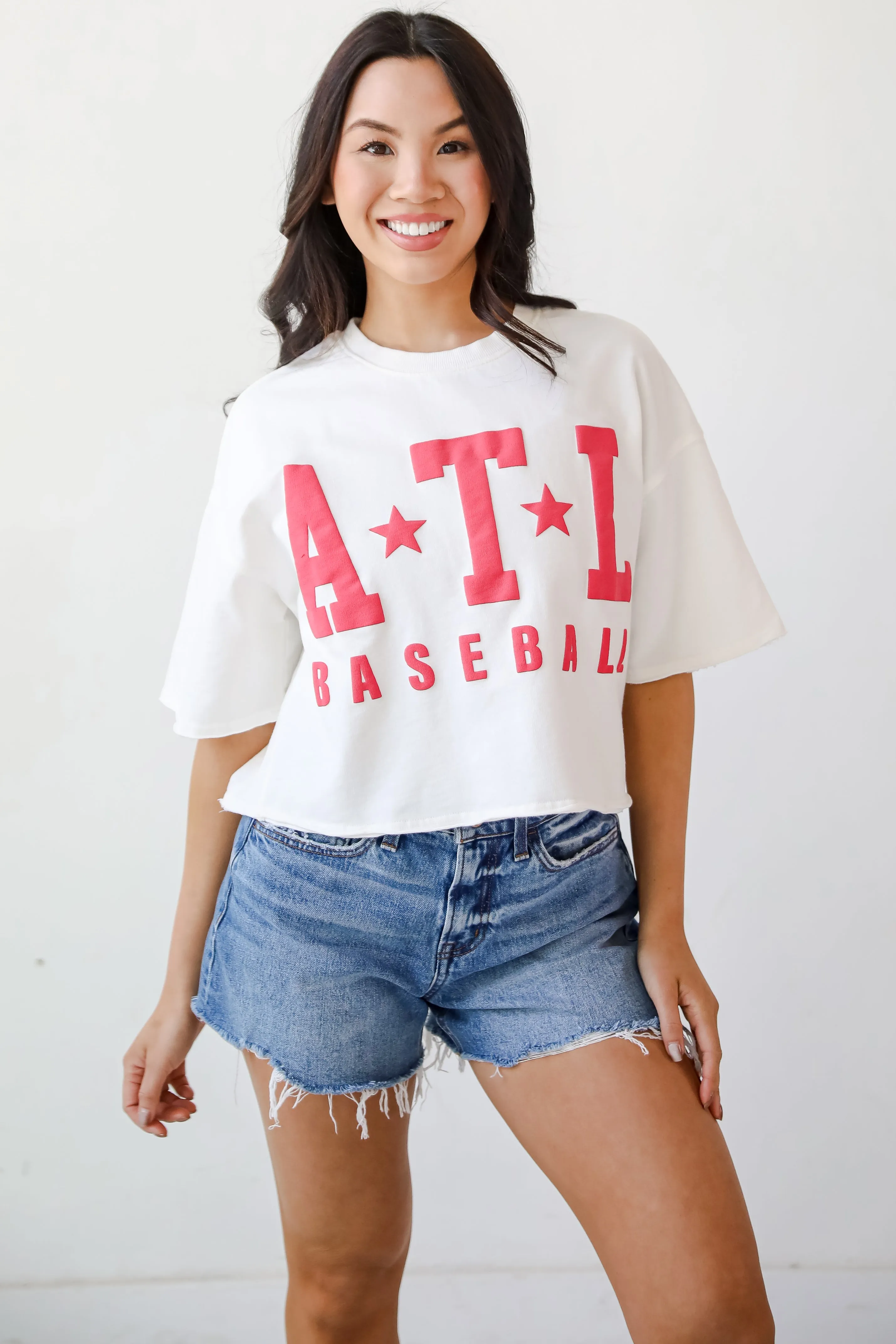 White ATL Baseball Star Cropped Tee