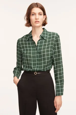 Windowpane Silk Pleated Blouse | Windowpane Jasper Green Combo REBECCA TAYLOR