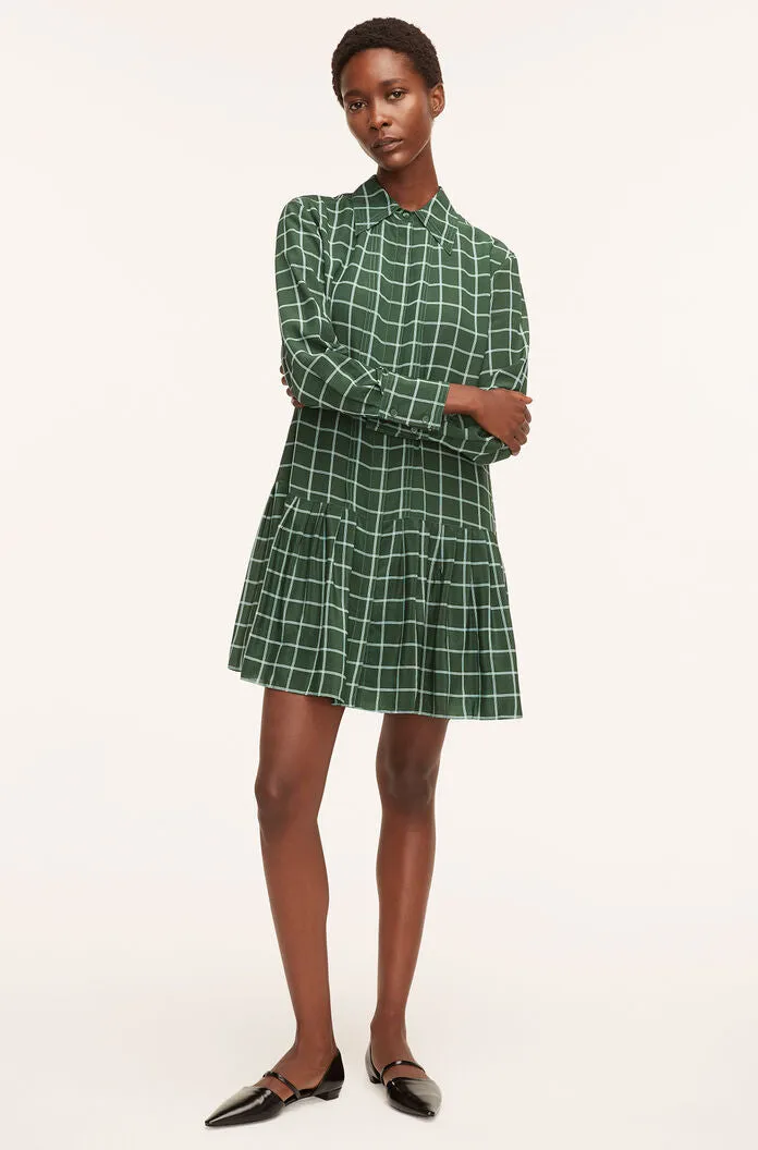 Windowpane Silk Pleated Shirt Dress | Windowpane Jasper Green Combo REBECCA TAYLOR